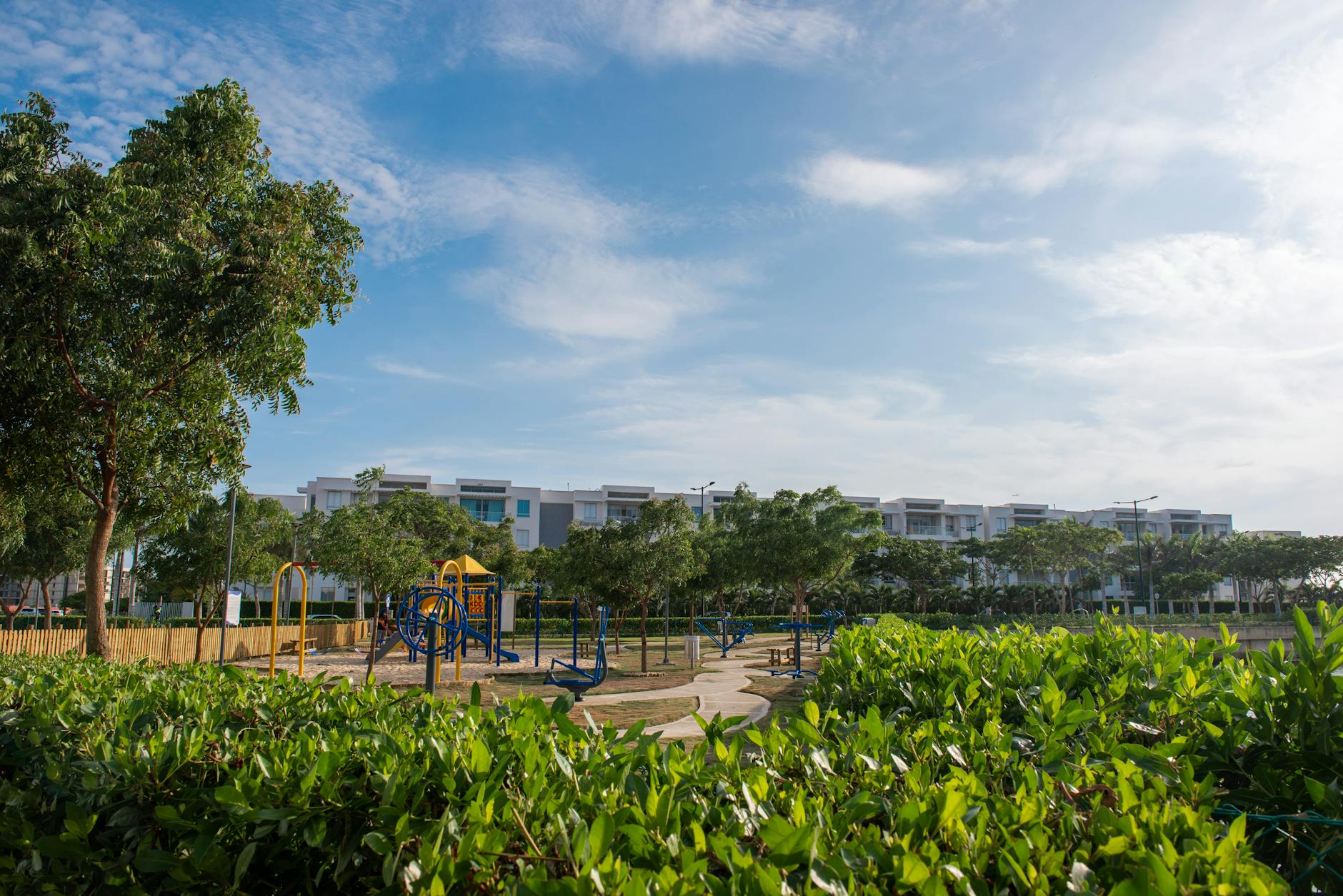 Vibrant playground surrounded by green foliage and modern architecture under a clear summer sky.