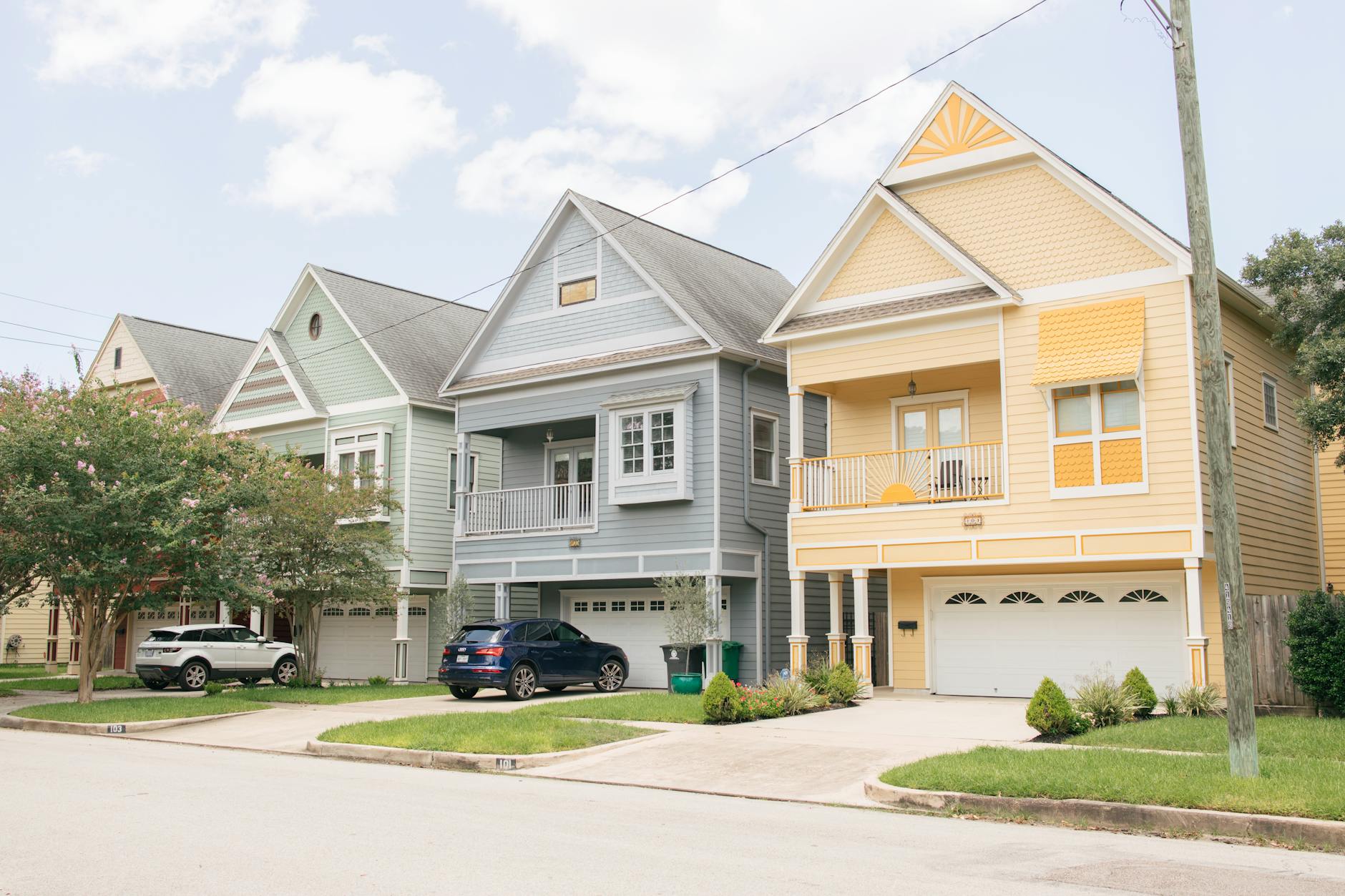 Colorful residential homes in Houston Heights neighborhood, Texas.