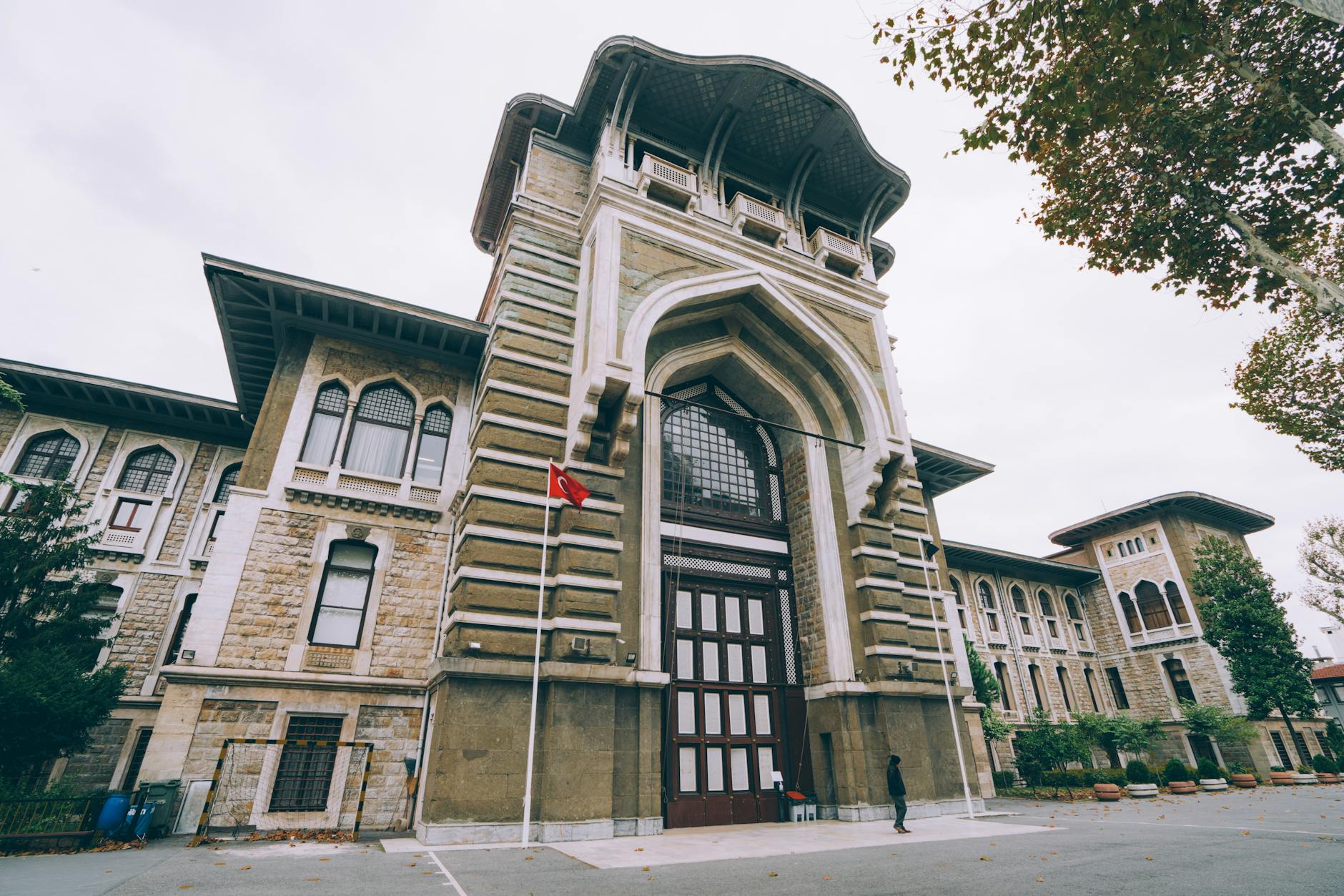 Elegant entrance of a historical building in Istanbul, showcasing unique architectural style.